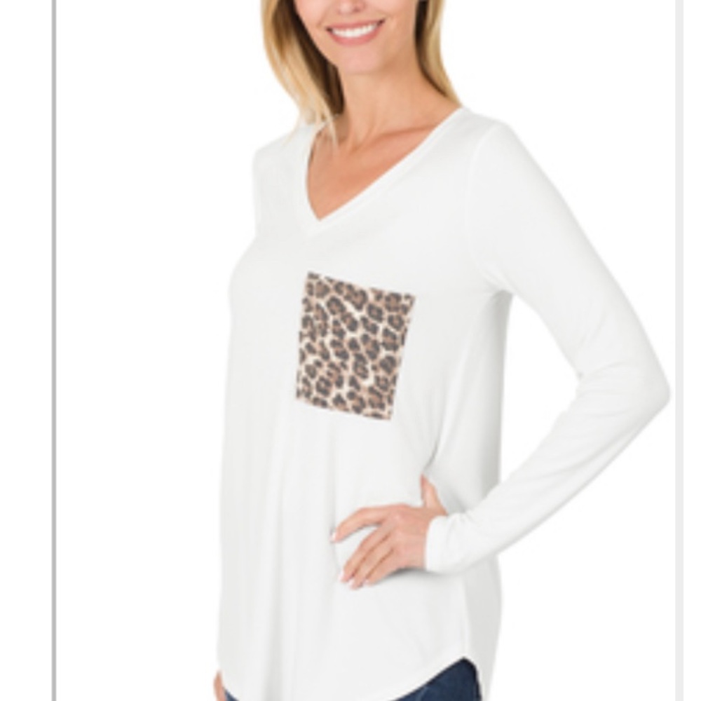 White Long Sleeve Top with Leopard Print Pocket